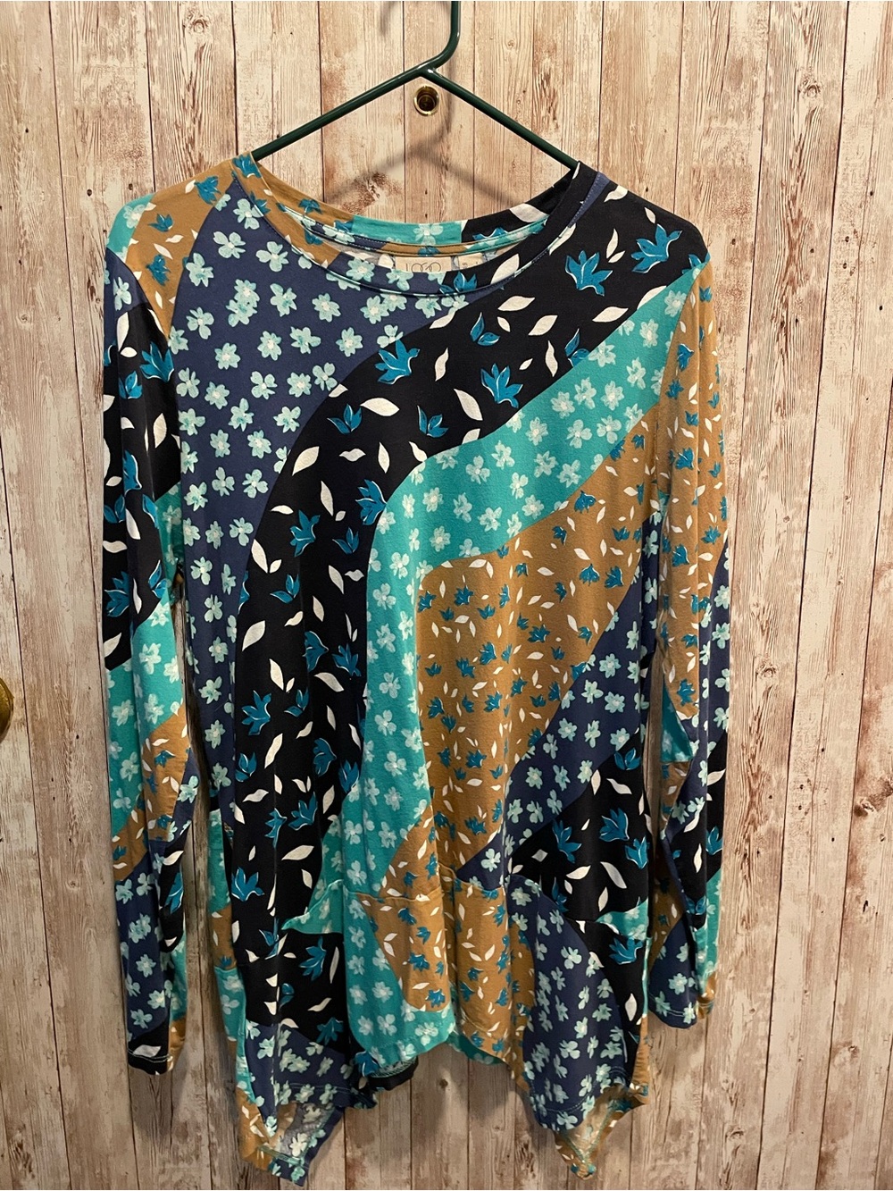 LOGO by Lori Goldstein Teal, Mustard & Navy Long-Sleeve Patchwork Tee